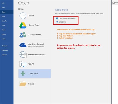 add dropbox as a place in office 365